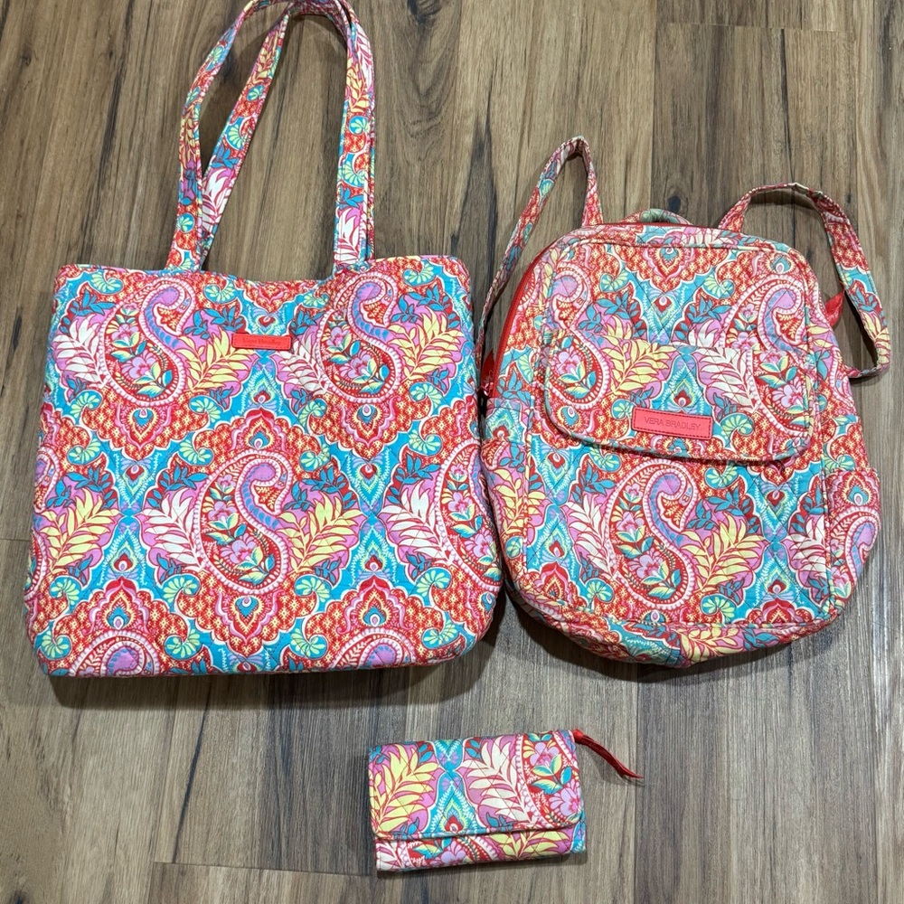 Vera Bradley Multi Colored Paisley Tote, Backpack & Wallet Set